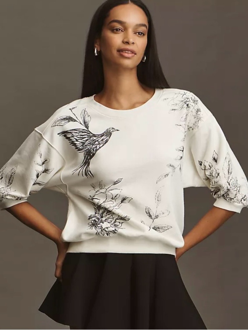 NWT!  Anthropologie Pilcro Floral Bird Sweatshirt Ivory 1/2 Length Sleeves ~ XS